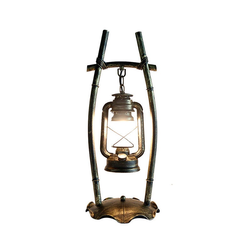 Antiqued Brass Single Night Lamp Farmhouse Opal Glass Kerosene Table Light with Frame and Ruffled Base Clearhalo 'Lamps' 'Table Lamps' Lighting' 1917202