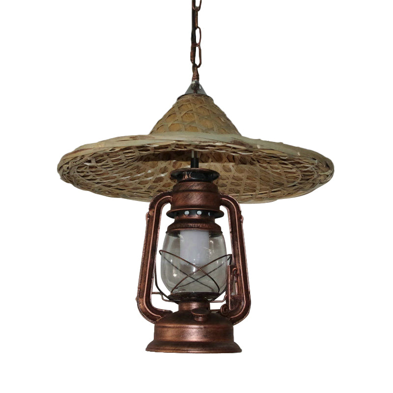 Black/Bronze/Copper Kerosene Pendant Rustic Clear Glass 1 Head Ceiling Hang Light with Coolie Hat Deco Clearhalo 'Art Deco Pendants' 'Black' 'Cast Iron' 'Ceiling Lights' 'Ceramic' 'Crystal' 'Industrial Pendants' 'Industrial' 'Metal' 'Middle Century Pendants' 'Pendant Lights' 'Pendants' 'Rustic Pendants' 'Tiffany' Lighting' 1917229