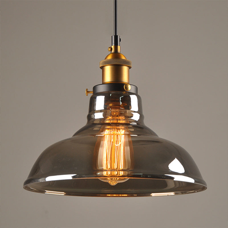 Clear/Smoke Grey Glass Barn Pendant Lamp Country Style 1 Head Dining Room Hanging Light in Brass and Black Smoke Gray Clearhalo 'Ceiling Lights' 'Glass shade' 'Glass' 'Industrial Pendants' 'Industrial' 'Middle Century Pendants' 'Pendant Lights' 'Pendants' 'Tiffany' Lighting' 1917425