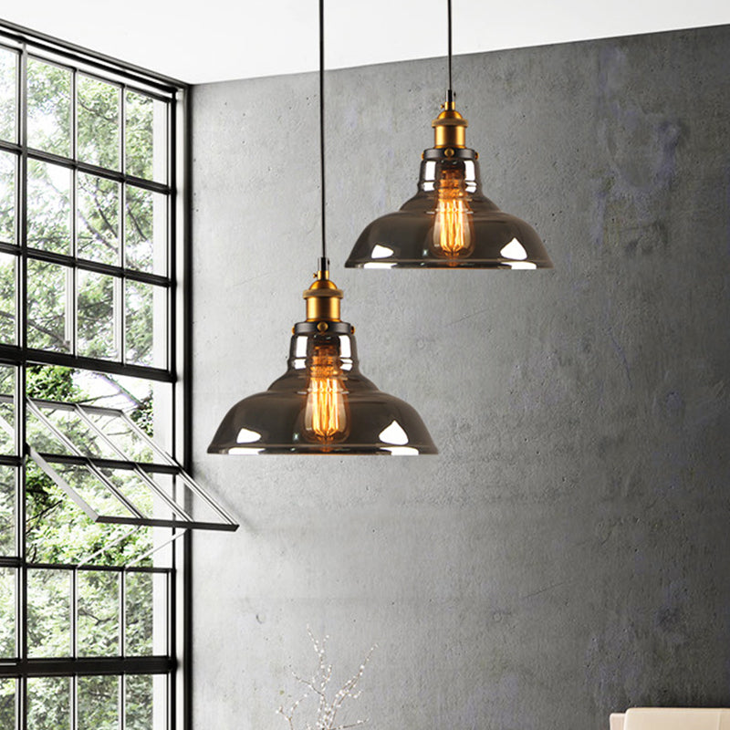 Clear/Smoke Grey Glass Barn Pendant Lamp Country Style 1 Head Dining Room Hanging Light in Brass and Black Clearhalo 'Ceiling Lights' 'Glass shade' 'Glass' 'Industrial Pendants' 'Industrial' 'Middle Century Pendants' 'Pendant Lights' 'Pendants' 'Tiffany' Lighting' 1917426