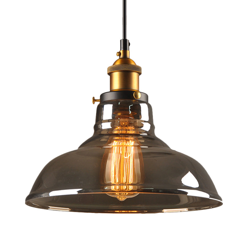 Clear/Smoke Grey Glass Barn Pendant Lamp Country Style 1 Head Dining Room Hanging Light in Brass and Black Clearhalo 'Ceiling Lights' 'Glass shade' 'Glass' 'Industrial Pendants' 'Industrial' 'Middle Century Pendants' 'Pendant Lights' 'Pendants' 'Tiffany' Lighting' 1917428