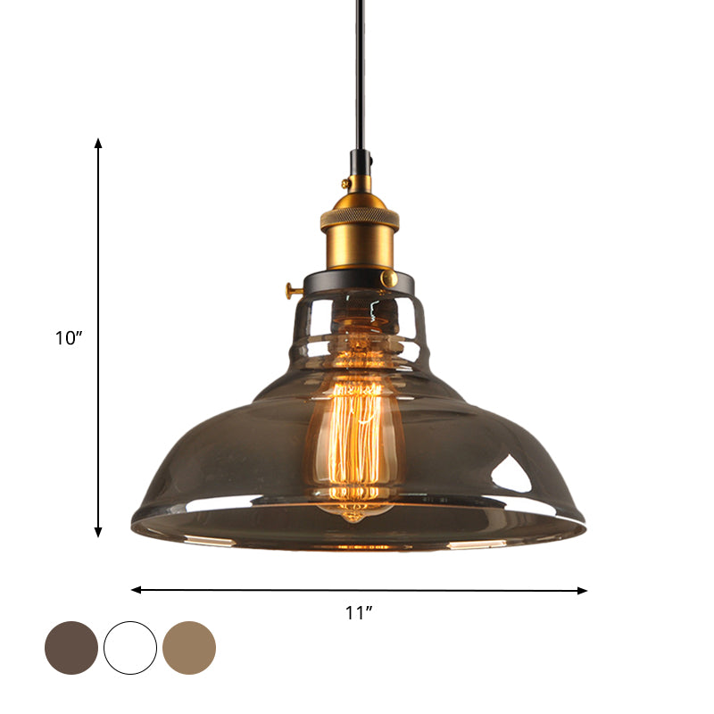 Clear/Smoke Grey Glass Barn Pendant Lamp Country Style 1 Head Dining Room Hanging Light in Brass and Black Clearhalo 'Ceiling Lights' 'Glass shade' 'Glass' 'Industrial Pendants' 'Industrial' 'Middle Century Pendants' 'Pendant Lights' 'Pendants' 'Tiffany' Lighting' 1917429