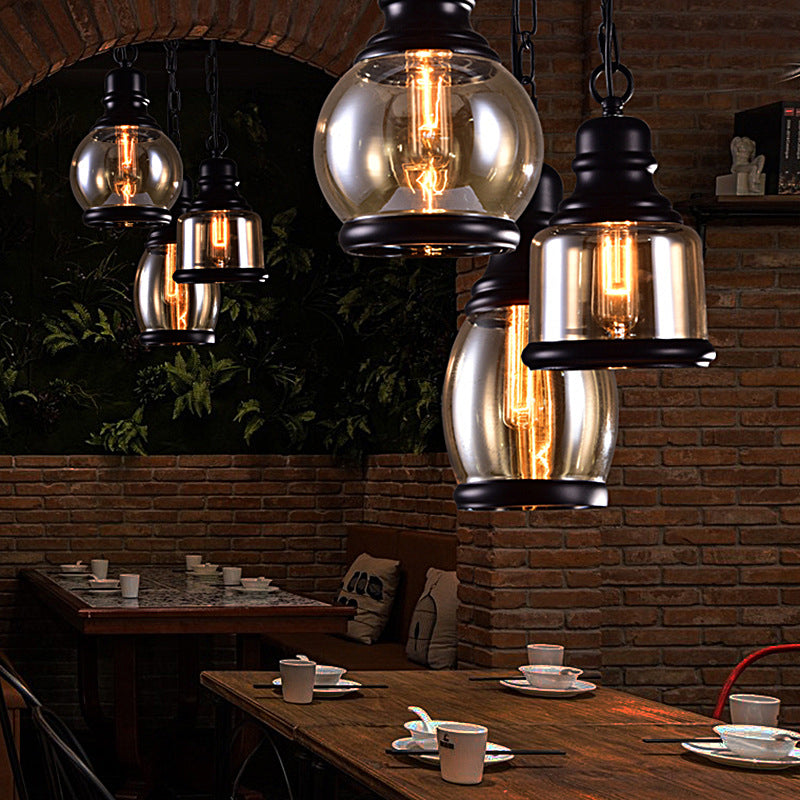 Black Globe/Bottle/Oval Drop Pendant Industrial Smoky Grey Glass 1 Head Kitchen Hanging Light Kit Clearhalo 'Ceiling Lights' 'Close To Ceiling Lights' 'Glass shade' 'Glass' 'Industrial Pendants' 'Industrial' 'Middle Century Pendants' 'Pendant Lights' 'Pendants' 'Tiffany' Lighting' 1917445