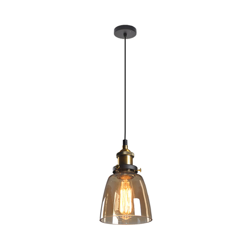 Single-Bulb Bell Pendulum Light Rustic Brass Clear/Amber/Smoke Grey Glass Hanging Pendant for Bedroom Amber Clearhalo 'Ceiling Lights' 'Glass shade' 'Glass' 'Industrial Pendants' 'Industrial' 'Middle Century Pendants' 'Pendant Lights' 'Pendants' 'Tiffany' Lighting' 1917477