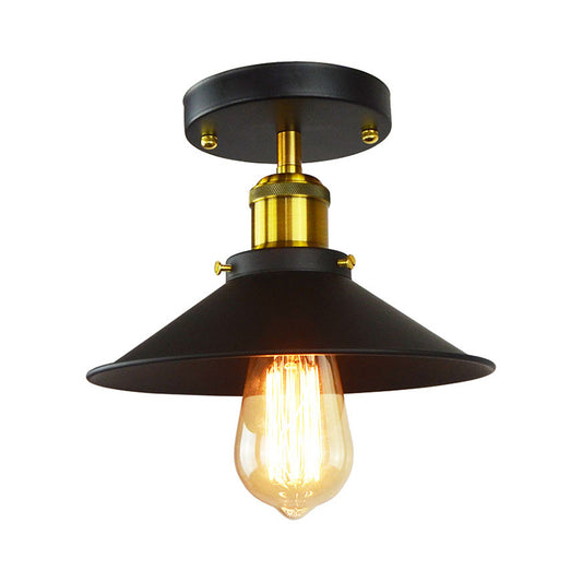 Flared Shade Foyer Semi Mount Lighting Industrial Iron 1-Light Black and Brass Close to Ceiling Lamp Black Clearhalo 'Ceiling Lights' 'Close To Ceiling Lights' 'Close to ceiling' 'Semi-flushmount' Lighting' 1917484