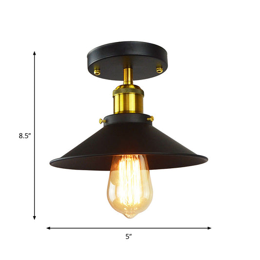 Flared Shade Foyer Semi Mount Lighting Industrial Iron 1-Light Black and Brass Close to Ceiling Lamp Clearhalo 'Ceiling Lights' 'Close To Ceiling Lights' 'Close to ceiling' 'Semi-flushmount' Lighting' 1917485