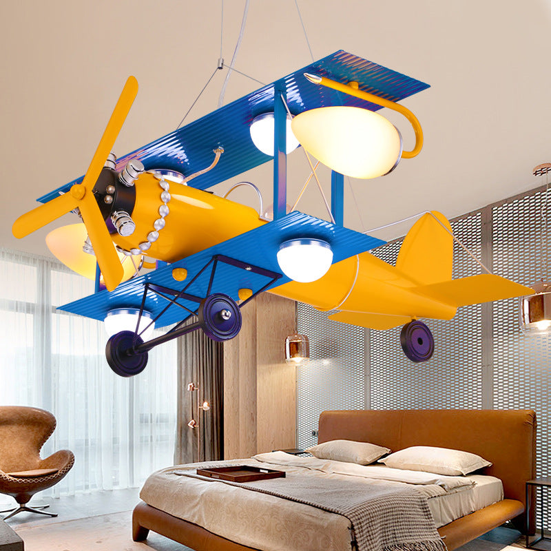 Kids Blue & Yellow Pendant Light Propeller Airplane 6 Lights Metallic Chandelier for Game Room Blue Clearhalo 'Ceiling Lights' 'Chandeliers' Lighting' options 191760_96a827fa-9fa5-4816-8341-0f37e306cc97