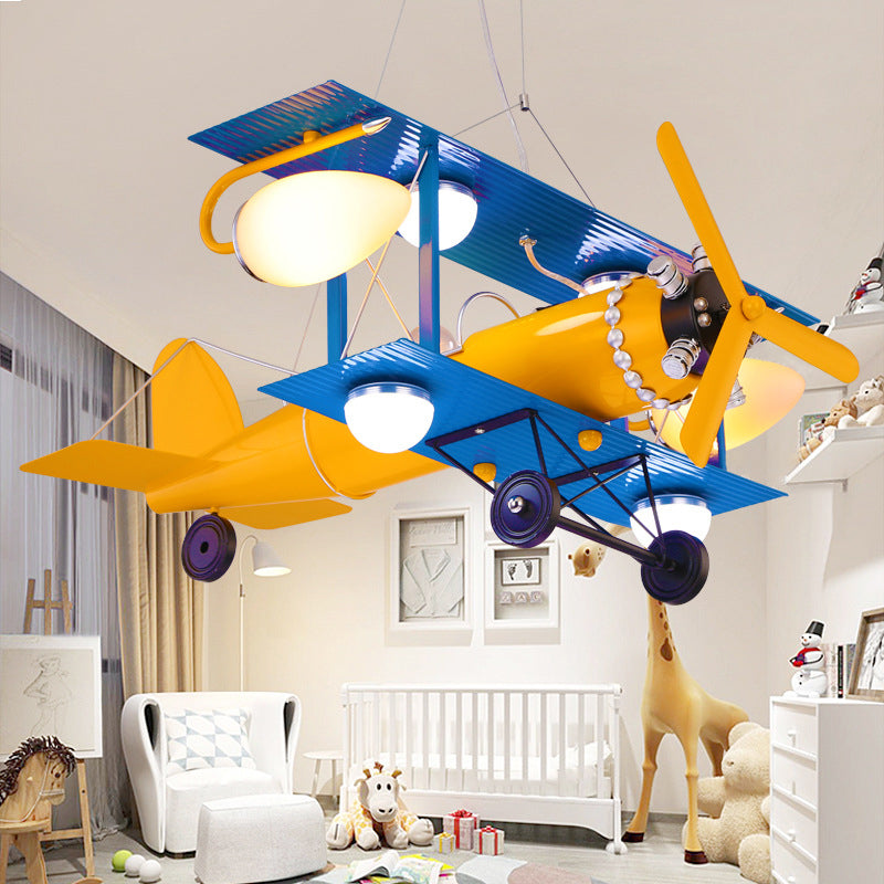 Kids Blue & Yellow Pendant Light Propeller Airplane 6 Lights Metallic Chandelier for Game Room Clearhalo 'Ceiling Lights' 'Chandeliers' Lighting' options 191761