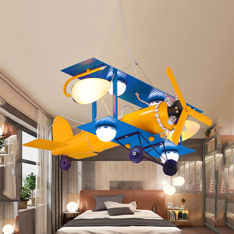 Kids Blue & Yellow Pendant Light Propeller Airplane 6 Lights Metallic Chandelier for Game Room Clearhalo 'Ceiling Lights' 'Chandeliers' Lighting' options 191762