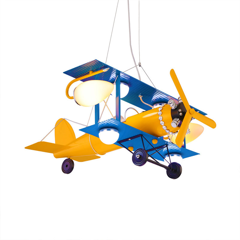 Kids Blue & Yellow Pendant Light Propeller Airplane 6 Lights Metallic Chandelier for Game Room Clearhalo 'Ceiling Lights' 'Chandeliers' Lighting' options 191763