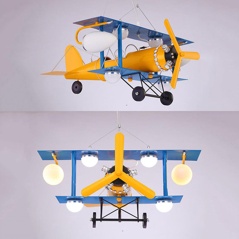 Kids Blue & Yellow Pendant Light Propeller Airplane 6 Lights Metallic Chandelier for Game Room Clearhalo 'Ceiling Lights' 'Chandeliers' Lighting' options 191766