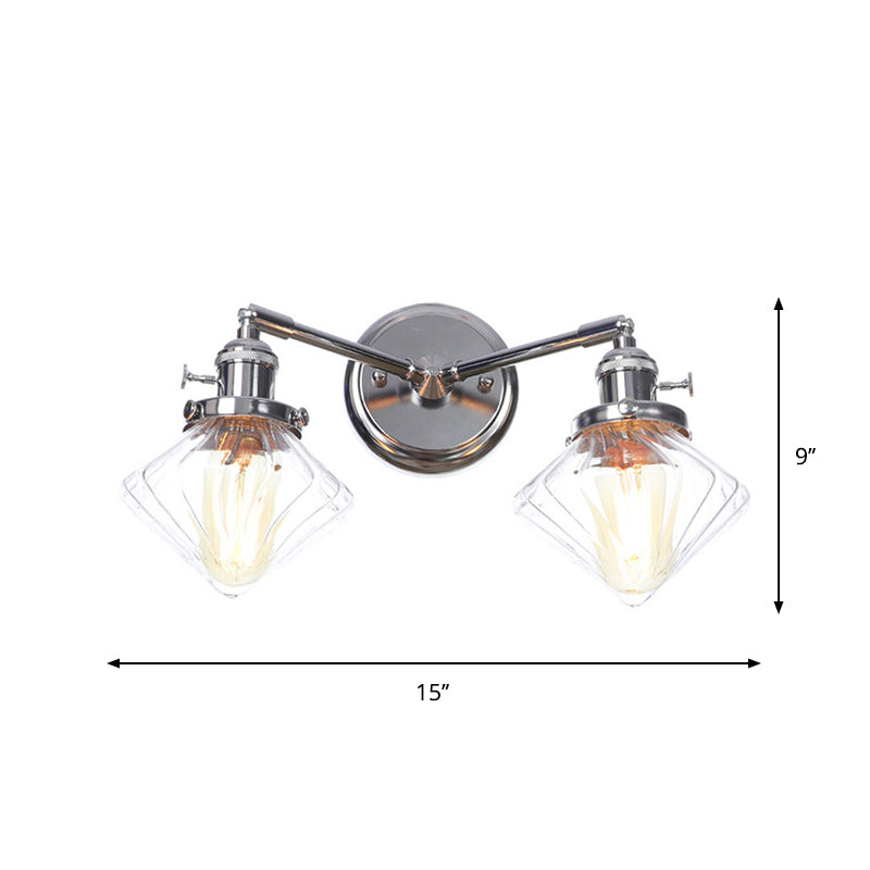 Chrome 2 Lights Wall Sconce Industrial Style Clear Glass Globe/Cone Wall Light Kit with Wavy Arm for Corridor Clearhalo 'Art deco wall lights' 'Cast Iron' 'Glass' 'Industrial wall lights' 'Industrial' 'Middle century wall lights' 'Modern' 'Rustic wall lights' 'Tiffany' 'Traditional wall lights' 'Wall Lamps & Sconces' 'Wall Lights' Lighting' 1917696