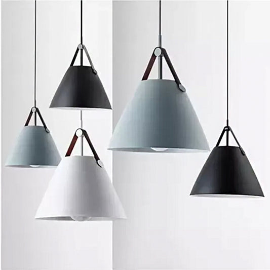 10.5"/14" W Nordic Single Ceiling Pendant Grey/White/Black Frustum Hanging Lamp with Metal Shade and Leather Strap Clearhalo 'Ceiling Lights' 'Pendant Lights' 'Pendants' Lighting' 1917802