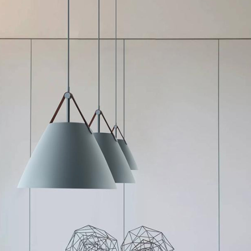 10.5"/14" W Nordic Single Ceiling Pendant Grey/White/Black Frustum Hanging Lamp with Metal Shade and Leather Strap Clearhalo 'Ceiling Lights' 'Pendant Lights' 'Pendants' Lighting' 1917803