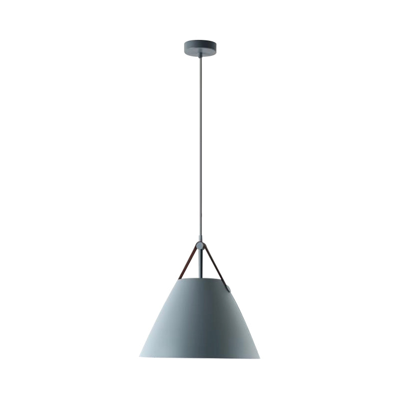 10.5"/14" W Nordic Single Ceiling Pendant Grey/White/Black Frustum Hanging Lamp with Metal Shade and Leather Strap Clearhalo 'Ceiling Lights' 'Pendant Lights' 'Pendants' Lighting' 1917805