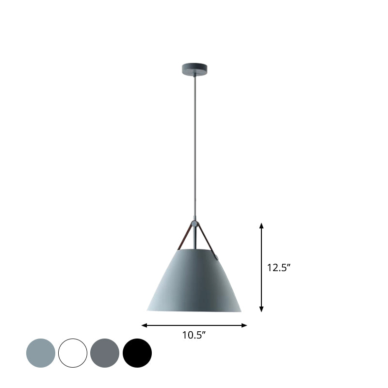 10.5"/14" W Nordic Single Ceiling Pendant Grey/White/Black Frustum Hanging Lamp with Metal Shade and Leather Strap Clearhalo 'Ceiling Lights' 'Pendant Lights' 'Pendants' Lighting' 1917806