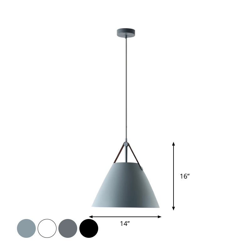 10.5"/14" W Nordic Single Ceiling Pendant Grey/White/Black Frustum Hanging Lamp with Metal Shade and Leather Strap Clearhalo 'Ceiling Lights' 'Pendant Lights' 'Pendants' Lighting' 1917807