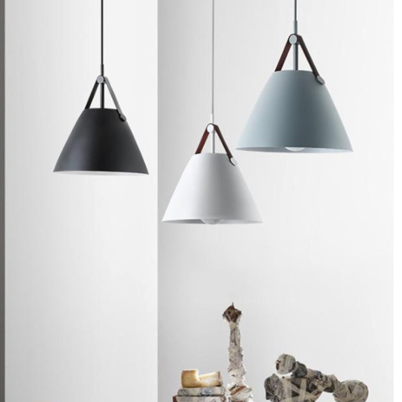 10.5"/14" W Nordic Single Ceiling Pendant Grey/White/Black Frustum Hanging Lamp with Metal Shade and Leather Strap Clearhalo 'Ceiling Lights' 'Pendant Lights' 'Pendants' Lighting' 1917808