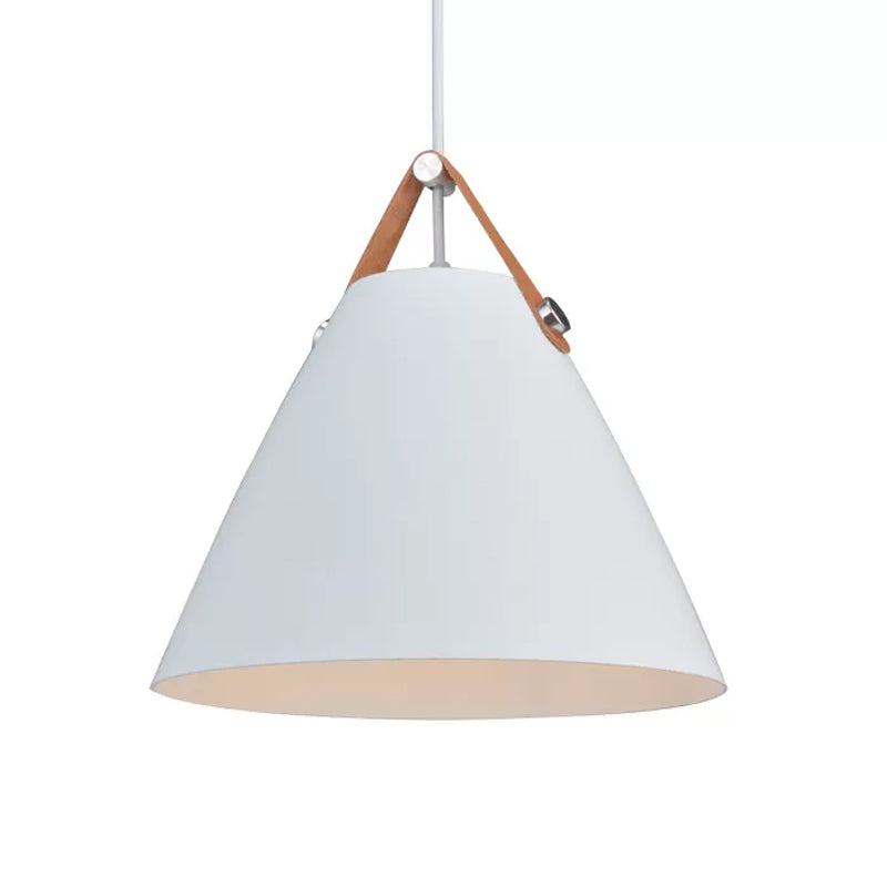 10.5"/14" W Nordic Single Ceiling Pendant Grey/White/Black Frustum Hanging Lamp with Metal Shade and Leather Strap Clearhalo 'Ceiling Lights' 'Pendant Lights' 'Pendants' Lighting' 1917809