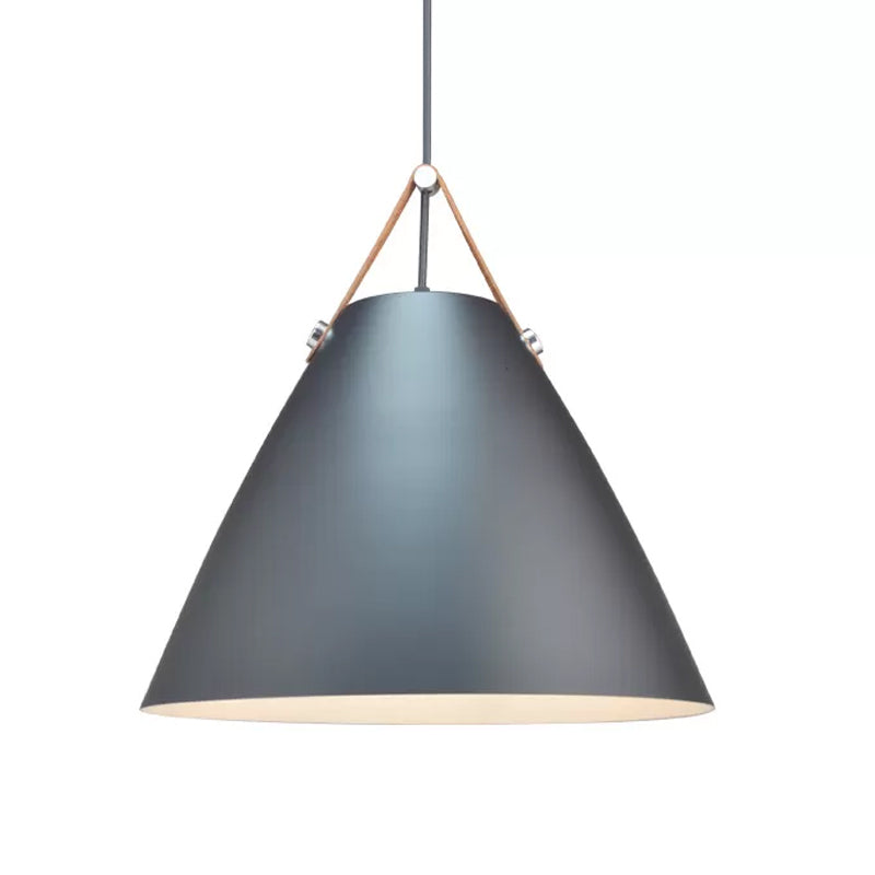 10.5"/14" W Nordic Single Ceiling Pendant Grey/White/Black Frustum Hanging Lamp with Metal Shade and Leather Strap Clearhalo 'Ceiling Lights' 'Pendant Lights' 'Pendants' Lighting' 1917810