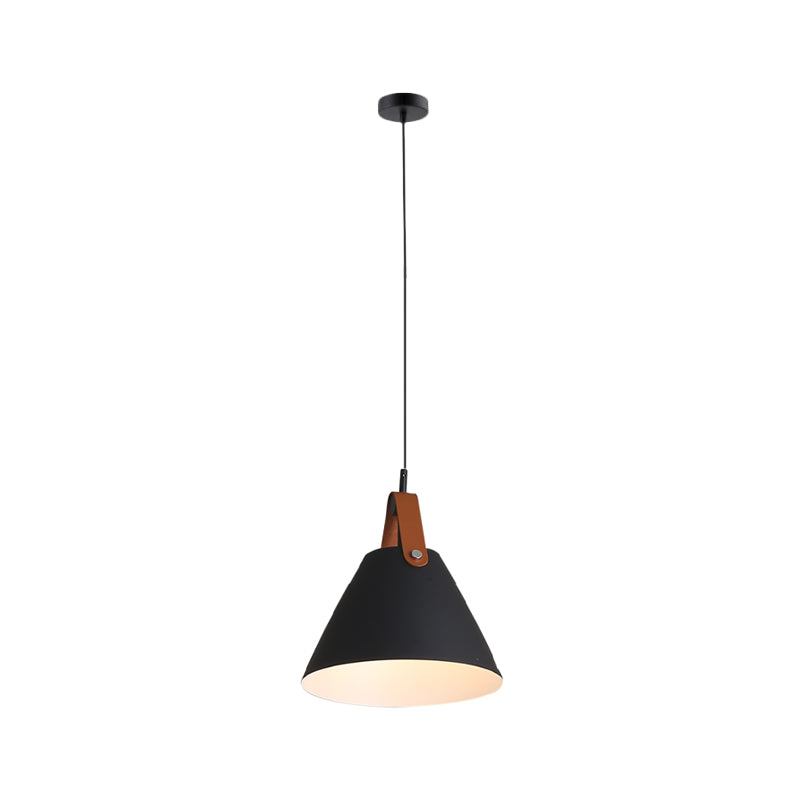 10.5"/14" W Nordic Single Ceiling Pendant Grey/White/Black Frustum Hanging Lamp with Metal Shade and Leather Strap Clearhalo 'Ceiling Lights' 'Pendant Lights' 'Pendants' Lighting' 1917811