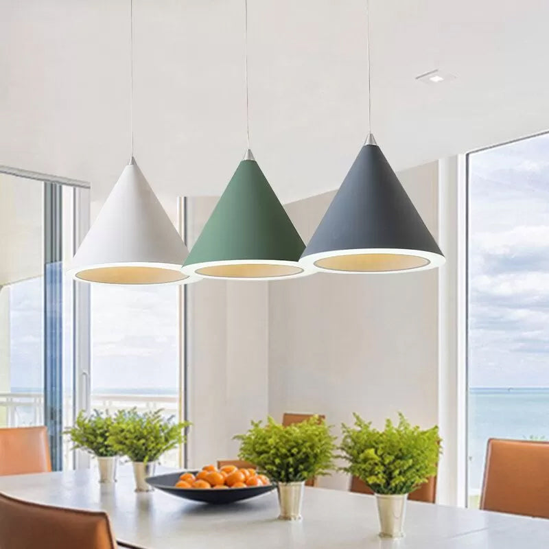 Macaron Cone LED Pendulum Light Aluminum Dining Table Ceiling Pendant Lamp in Grey/White/Pink Grey Clearhalo 'Ceiling Lights' 'Pendant Lights' 'Pendants' Lighting' 1917812_216705a5-79c3-480f-ab4f-3ae1d3a7c6c5