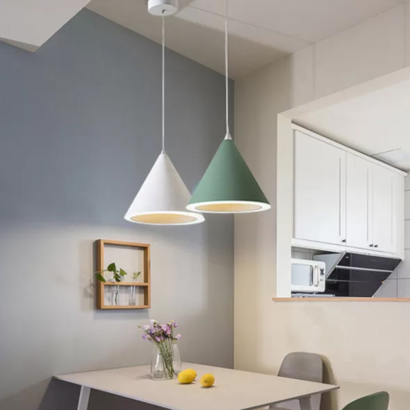 Macaron Cone LED Pendulum Light Aluminum Dining Table Ceiling Pendant Lamp in Grey/White/Pink Clearhalo 'Ceiling Lights' 'Pendant Lights' 'Pendants' Lighting' 1917823