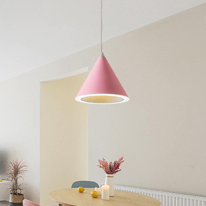 Macaron Cone LED Pendulum Light Aluminum Dining Table Ceiling Pendant Lamp in Grey/White/Pink Clearhalo 'Ceiling Lights' 'Pendant Lights' 'Pendants' Lighting' 1917826