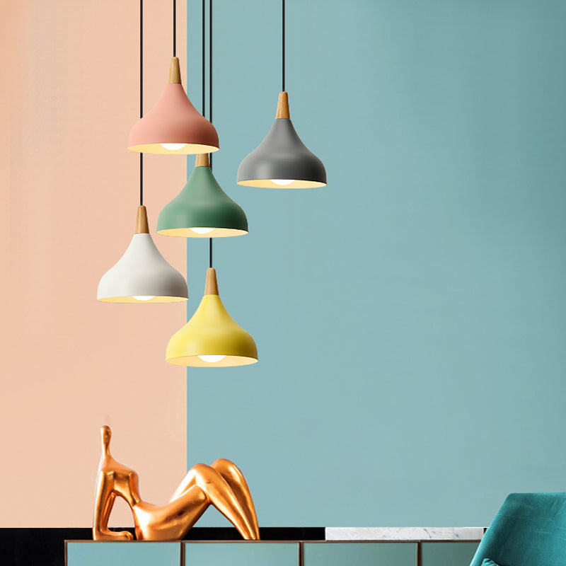 Onion Dining Room Ceiling Pendant Light Metal 1-Light Macaron Suspended Lighting Fixture in White/Pink/Green and Wood Clearhalo 'Ceiling Lights' 'Pendant Lights' 'Pendants' Lighting' 1917828