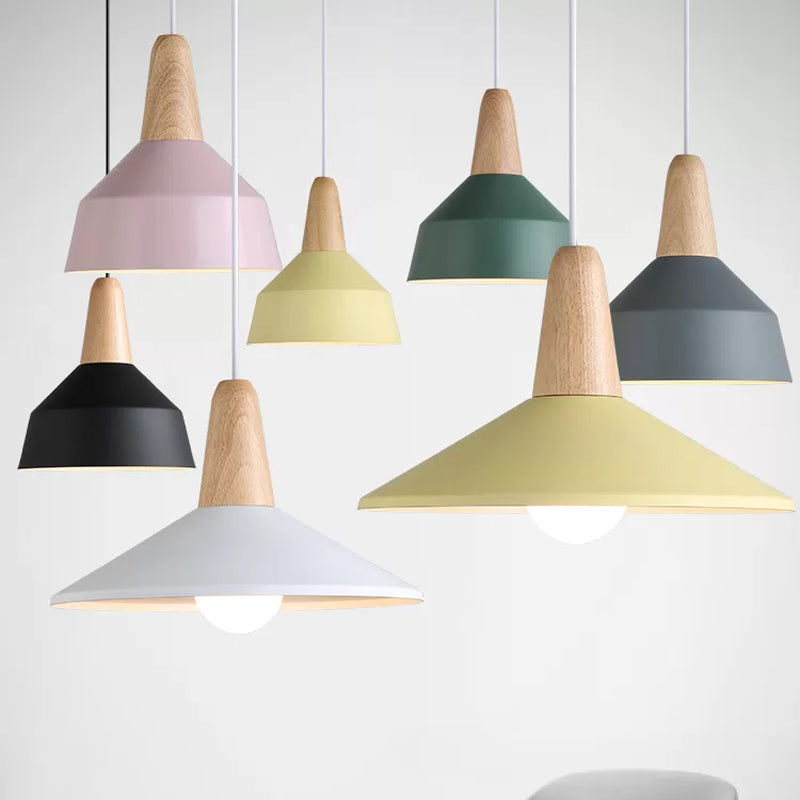 Barn Dining Room Pendant Lighting Aluminum 1 Bulb Macaron Ceiling Hang Lamp in Green/Grey/Pink with Wood Grip Clearhalo 'Ceiling Lights' 'Pendant Lights' 'Pendants' Lighting' 1917840