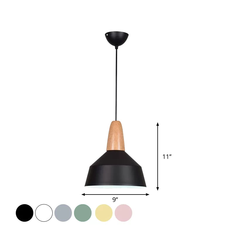 Barn Dining Room Pendant Lighting Aluminum 1 Bulb Macaron Ceiling Hang Lamp in Green/Grey/Pink with Wood Grip Clearhalo 'Ceiling Lights' 'Pendant Lights' 'Pendants' Lighting' 1917842