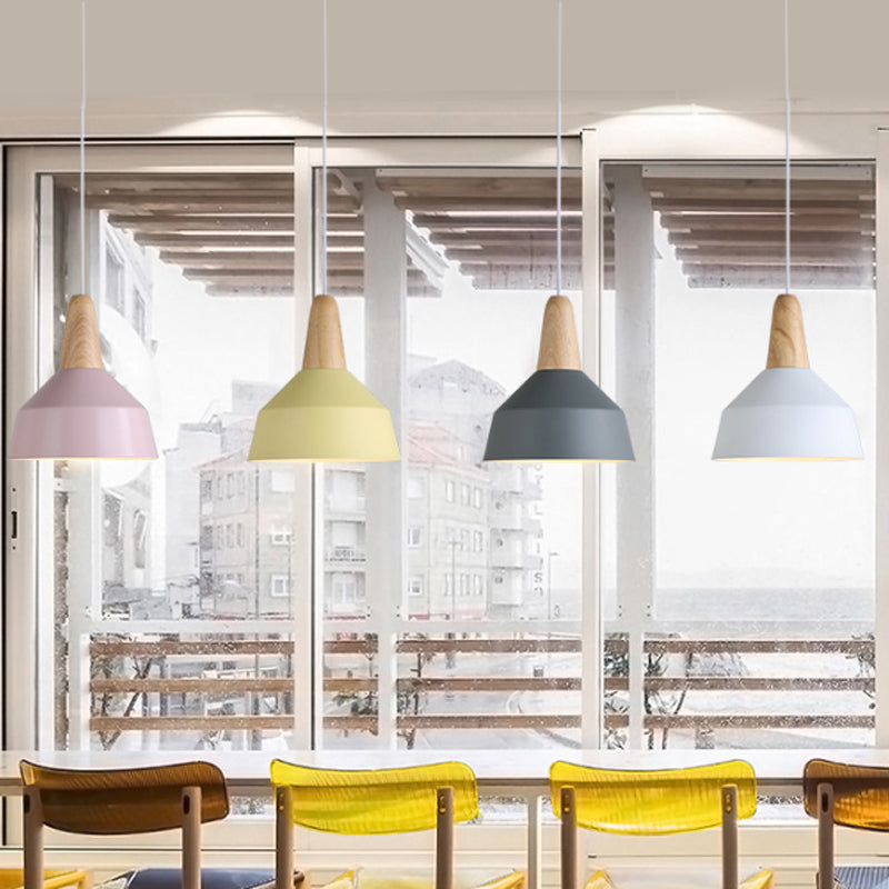 Barn Dining Room Pendant Lighting Aluminum 1 Bulb Macaron Ceiling Hang Lamp in Green/Grey/Pink with Wood Grip Clearhalo 'Ceiling Lights' 'Pendant Lights' 'Pendants' Lighting' 1917843