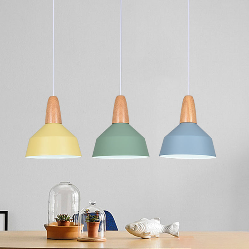 Barn Dining Room Pendant Lighting Aluminum 1 Bulb Macaron Ceiling Hang Lamp in Green/Grey/Pink with Wood Grip Clearhalo 'Ceiling Lights' 'Pendant Lights' 'Pendants' Lighting' 1917847