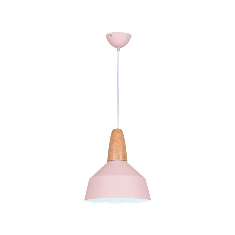 Barn Dining Room Pendant Lighting Aluminum 1 Bulb Macaron Ceiling Hang Lamp in Green/Grey/Pink with Wood Grip Pink Clearhalo 'Ceiling Lights' 'Pendant Lights' 'Pendants' Lighting' 1917850_2851a31e-d351-4def-9414-c84d0eea53cc