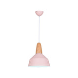 Barn Dining Room Pendant Lighting Aluminum 1 Bulb Macaron Ceiling Hang Lamp in Green/Grey/Pink with Wood Grip Clearhalo 'Ceiling Lights' 'Pendant Lights' 'Pendants' Lighting' 1917850