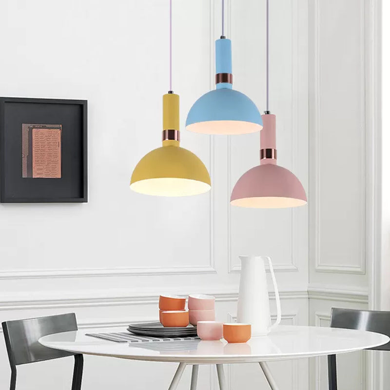 Pink/Yellow/Blue Hemispherical Pendant Macaron 1 Head Metal Suspended Lighting Fixture with Handle Clearhalo 'Ceiling Lights' 'Pendant Lights' 'Pendants' Lighting' 1917851