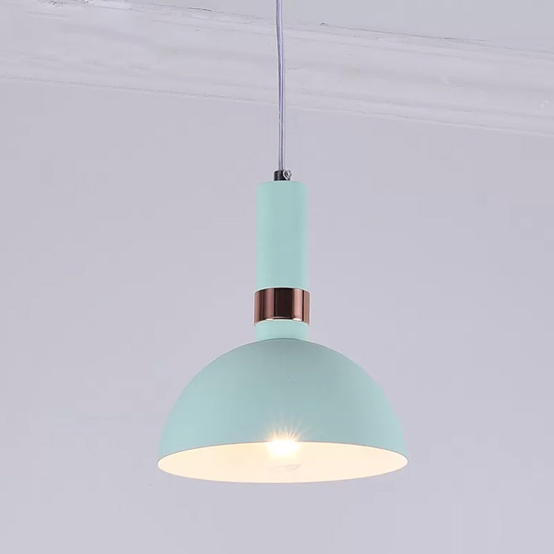 Pink/Yellow/Blue Hemispherical Pendant Macaron 1 Head Metal Suspended Lighting Fixture with Handle Clearhalo 'Ceiling Lights' 'Pendant Lights' 'Pendants' Lighting' 1917853