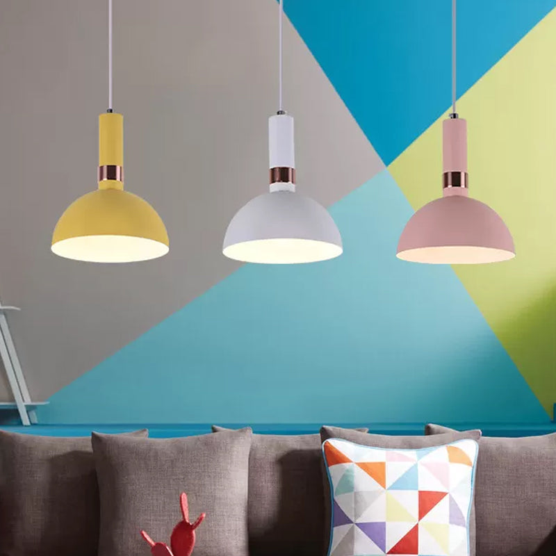 Pink/Yellow/Blue Hemispherical Pendant Macaron 1 Head Metal Suspended Lighting Fixture with Handle Clearhalo 'Ceiling Lights' 'Pendant Lights' 'Pendants' Lighting' 1917856