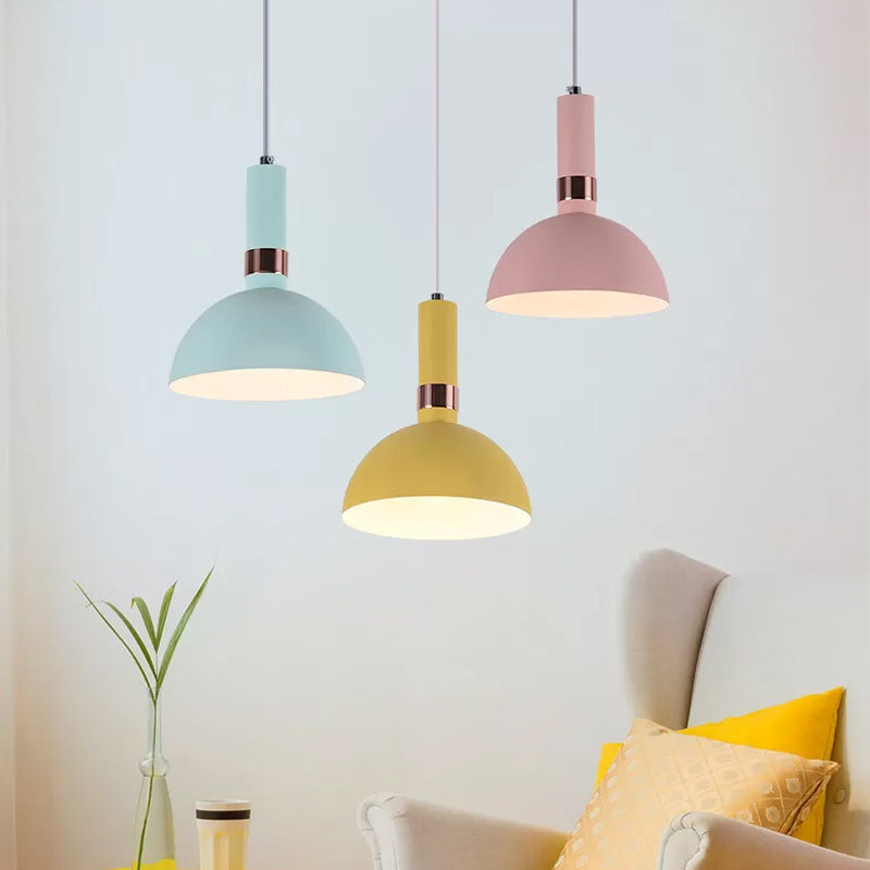 Pink/Yellow/Blue Hemispherical Pendant Macaron 1 Head Metal Suspended Lighting Fixture with Handle Pink Clearhalo 'Ceiling Lights' 'Pendant Lights' 'Pendants' Lighting' 1917857_76db4b63-e245-463c-9d9a-ce392db51cf7