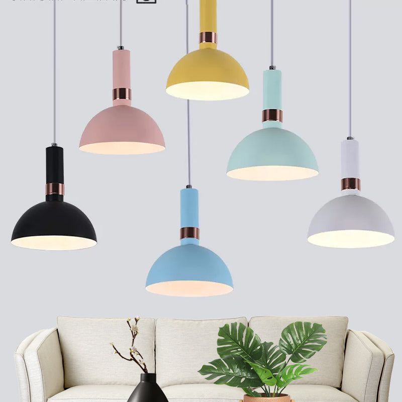 Pink/Yellow/Blue Hemispherical Pendant Macaron 1 Head Metal Suspended Lighting Fixture with Handle Black Clearhalo 'Ceiling Lights' 'Pendant Lights' 'Pendants' Lighting' 1917858_1aecf9ff-963f-4842-abab-c99aed63b94b