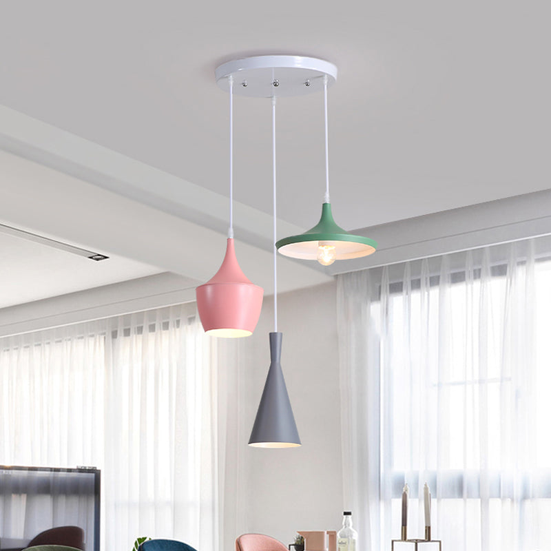 Shaded/Bowl/Tapered Multi-Pendant Macaron Metal 3 Lights Dining Room Ceiling Hang Lamp in White Clearhalo 'Ceiling Lights' 'Pendant Lights' 'Pendants' Lighting' 1917888