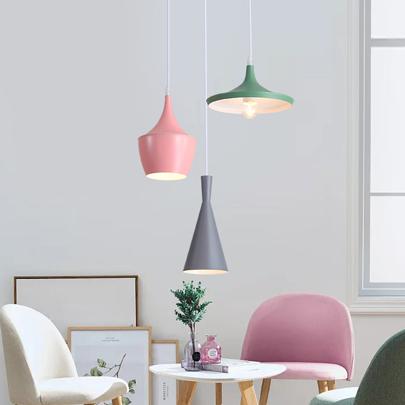 Shaded/Bowl/Tapered Multi-Pendant Macaron Metal 3 Lights Dining Room Ceiling Hang Lamp in White Clearhalo 'Ceiling Lights' 'Pendant Lights' 'Pendants' Lighting' 1917889