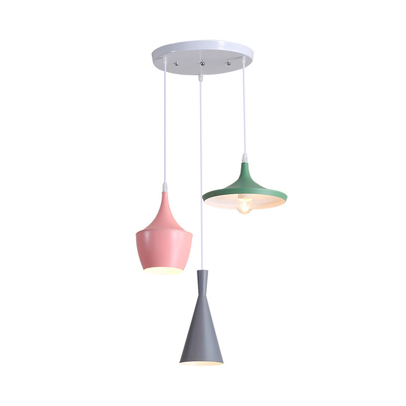 Shaded/Bowl/Tapered Multi-Pendant Macaron Metal 3 Lights Dining Room Ceiling Hang Lamp in White Clearhalo 'Ceiling Lights' 'Pendant Lights' 'Pendants' Lighting' 1917890