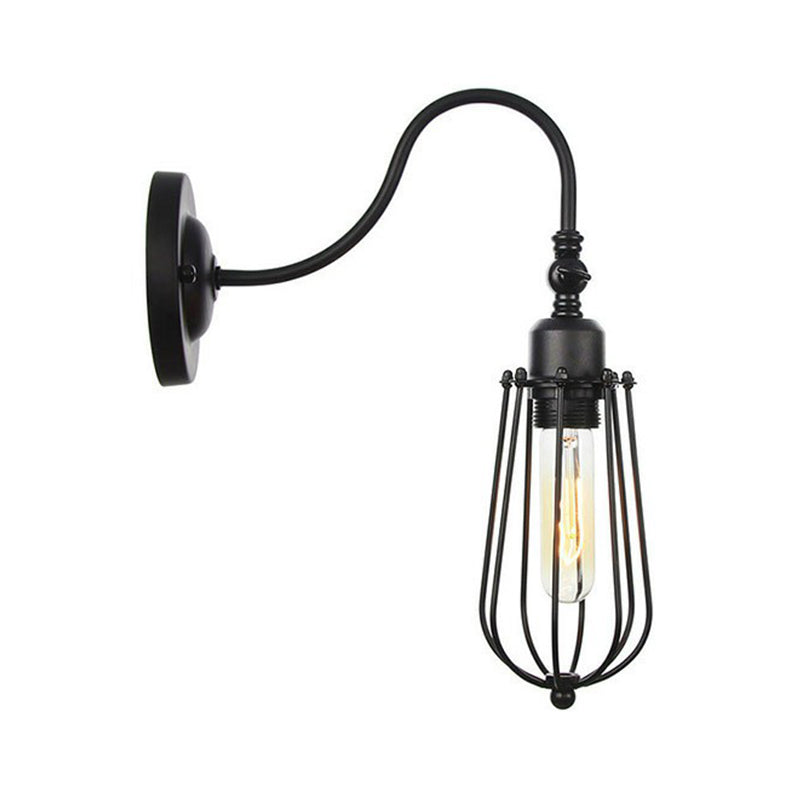 Iron Black Gooseneck Wall Lamp Tube/Ball/Diamond Cage Single Factory Wall Mounted Lighting Fixture Black F Clearhalo 'Art deco wall lights' 'Cast Iron' 'Glass' 'Industrial wall lights' 'Industrial' 'Middle century wall lights' 'Modern' 'Rustic wall lights' 'Tiffany' 'Traditional wall lights' 'Wall Lamps & Sconces' 'Wall Lights' Lighting' 1917963