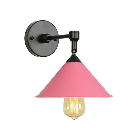 1-Light Wall Lamp Fixture Loft Roll-Trim Cone Iron Wall Mounted Light Fixture in Pink/Grey/Blue Pink Clearhalo 'Art deco wall lights' 'Cast Iron' 'Glass' 'Industrial wall lights' 'Industrial' 'Middle century wall lights' 'Modern' 'Rustic wall lights' 'Tiffany' 'Traditional wall lights' 'Wall Lamps & Sconces' 'Wall Lights' Lighting' 1918136