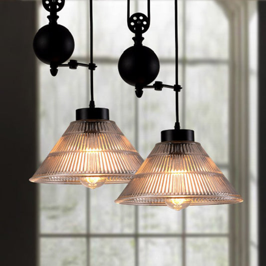 1 Head Ceiling Hang Light Industrial Ribbed Cone Clear Glass Pendant Lamp with Pulley in Black Clearhalo 'Ceiling Lights' 'Glass shade' 'Glass' 'Industrial Pendants' 'Industrial' 'Middle Century Pendants' 'Pendant Lights' 'Pendants' 'Tiffany' Lighting' 1918213