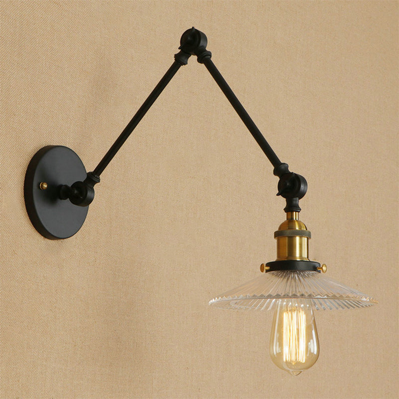 Saucer Shade Studio Task Wall Lamp Loft Style Ribbed Glass 1 Head Black-Brass/Black Swing Arm Wall Mount Light Fixture Brass Clearhalo 'Art deco wall lights' 'Cast Iron' 'Glass' 'Industrial wall lights' 'Industrial' 'Middle century wall lights' 'Modern' 'Rustic wall lights' 'Tiffany' 'Traditional wall lights' 'Wall Lamps & Sconces' 'Wall Lights' Lighting' 1918256