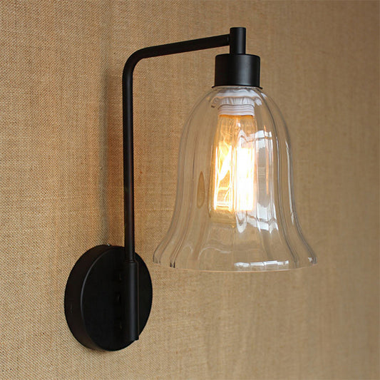 Clear Ribbed Glass Bowl/Bell Sconce Light Vintage 1-Light Bedroom Wall Mounted Lamp with Right Angel Arm in Black Black B Clearhalo 'Art deco wall lights' 'Cast Iron' 'Glass' 'Industrial wall lights' 'Industrial' 'Middle century wall lights' 'Modern' 'Rustic wall lights' 'Tiffany' 'Traditional wall lights' 'Wall Lamps & Sconces' 'Wall Lights' Lighting' 1918279