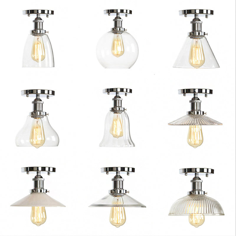 Single Clear/Clear Ribbed Glass Flushmount Farmhouse Chrome Bell/Pear Shaped Corridor Semi Flush Mount Ceiling Light Clearhalo 'Ceiling Lights' 'Close To Ceiling Lights' 'Close to ceiling' 'Semi-flushmount' Lighting' 1918294