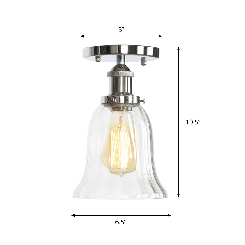 Single Clear/Clear Ribbed Glass Flushmount Farmhouse Chrome Bell/Pear Shaped Corridor Semi Flush Mount Ceiling Light Clearhalo 'Ceiling Lights' 'Close To Ceiling Lights' 'Close to ceiling' 'Semi-flushmount' Lighting' 1918304
